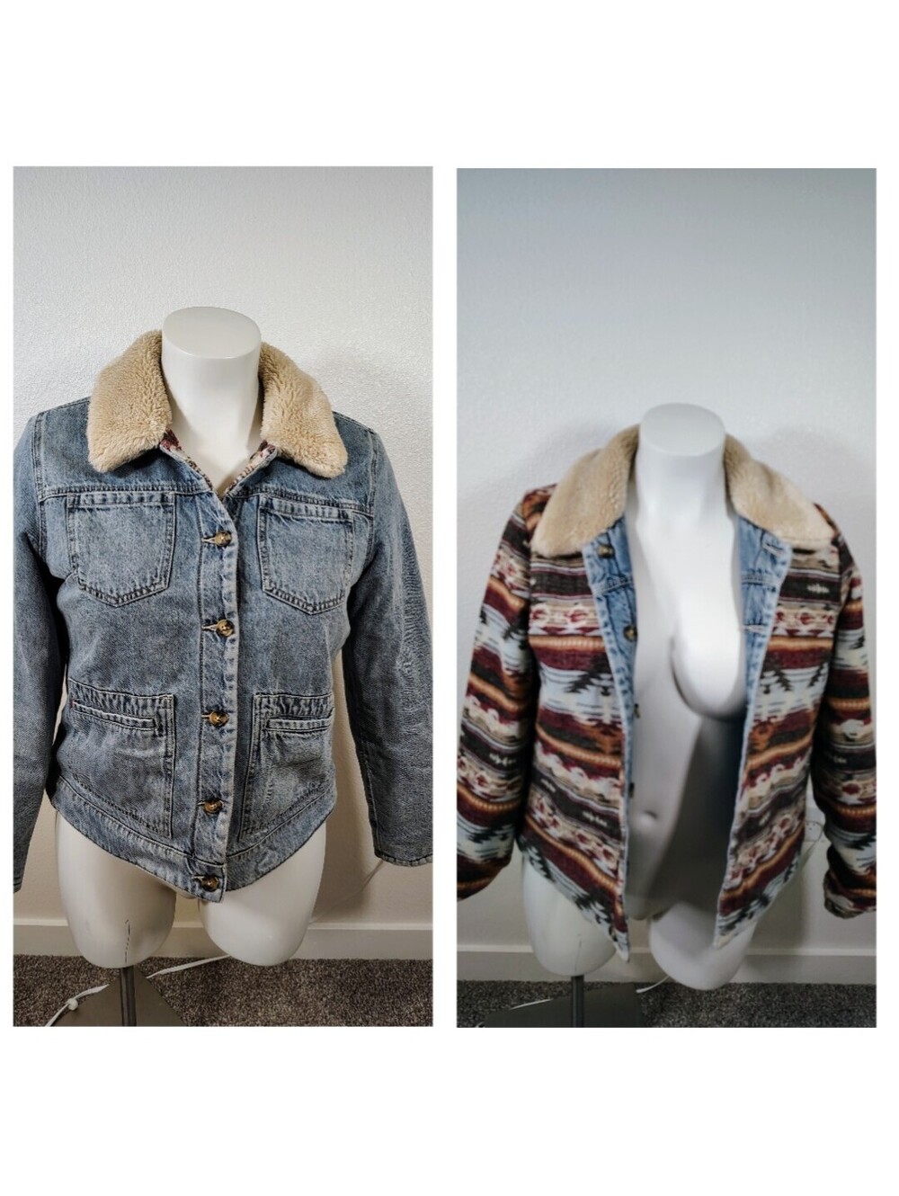 Idyllwind Womens L Reversible Denim Jacket Southwestern  Aztec Faux Fur Collar